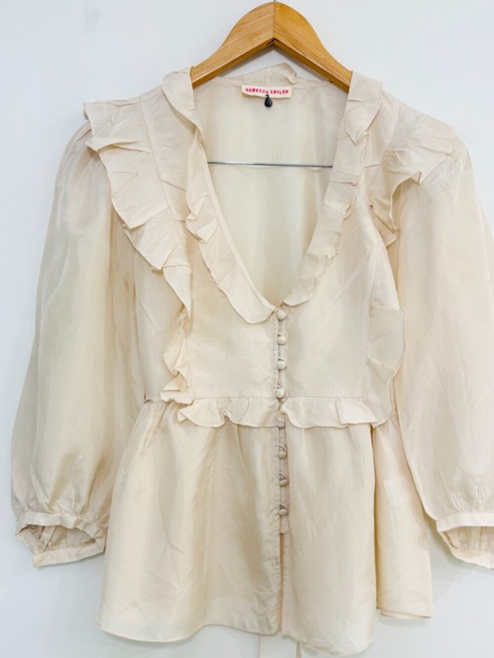 Rebecca Taylor Silk Ruffle Blouse Cream Tie Back Romantic Top Sz 2 Coquette - Picture 2 of 8